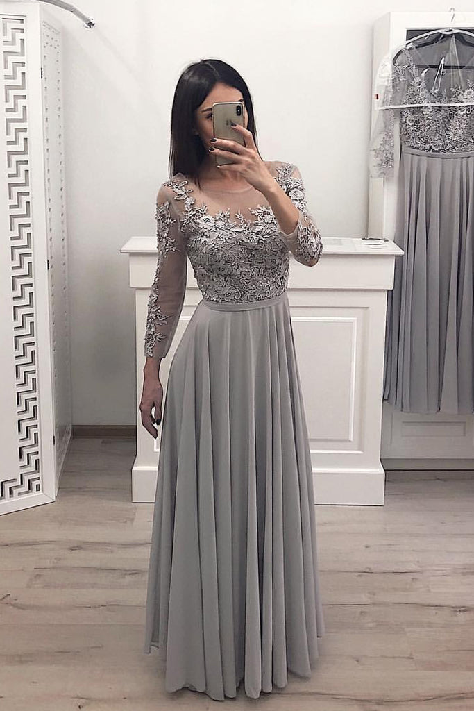 A Line Gray Chiffon Long Sleeves Prom Dress, Cheap Appliques Evening Gown OKI12