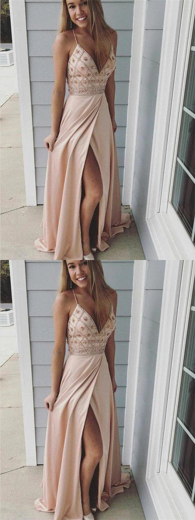 Pretty Spaghetti Straps Beaded Long A-Line Side Slit Prom Dress OKE40