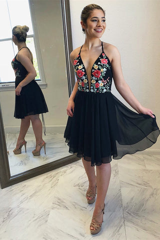 Black Floral A Line V Neck Cheap Chiffon Short Prom Dress OKB86