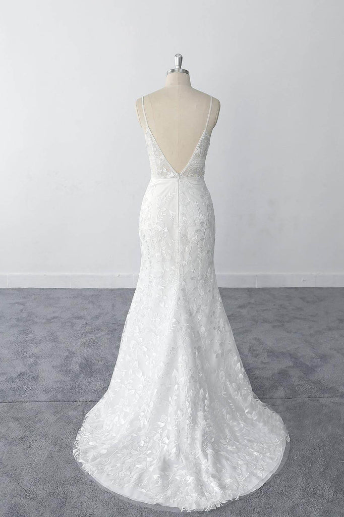 Sexy Sheath Lace Bridal Gowns Spaghetti Straps Lace Wedding Dresses OKU92