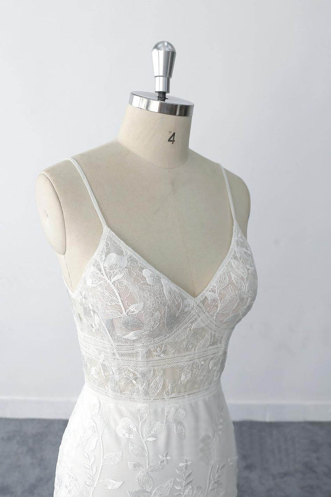 Sexy Sheath Lace Bridal Gowns Spaghetti Straps Lace Wedding Dresses OKU92