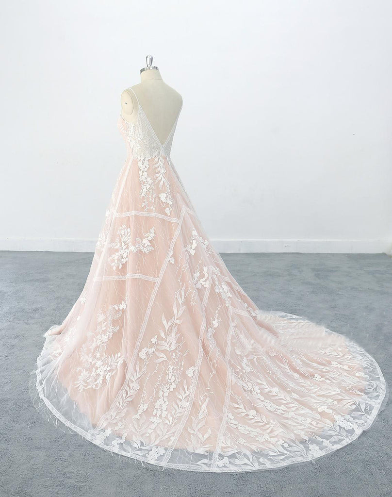 A-line Style V Neckline Nude Orange Lining Wedding Dress with Flora Lace Skirt OKU72