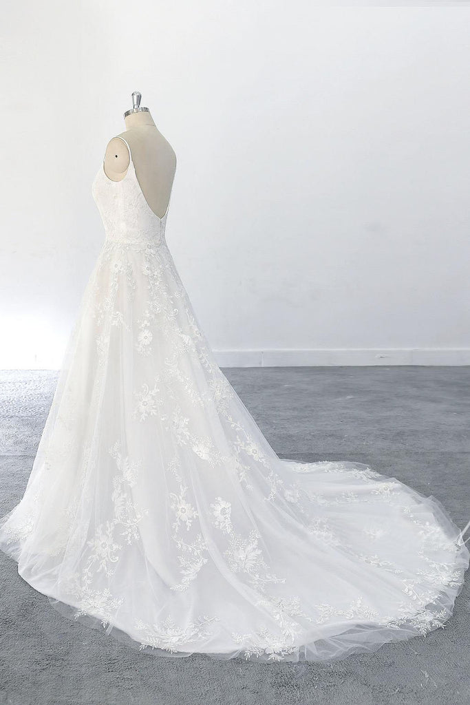 Exquisite Lace Appliques Wedding Dress A-line Tule Beach Wedding Dress OKU71