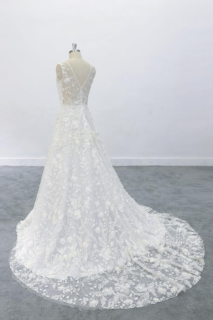 3D Flowers A-line Round Neck Wedding Dress with V Back Lace Bridal Dress OKU68