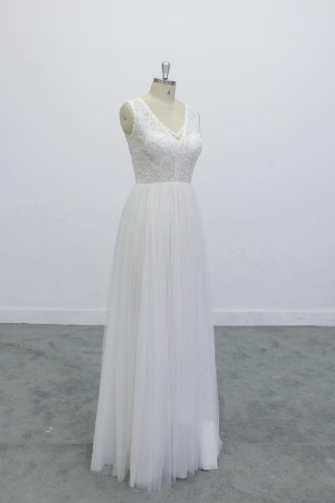 Boho Lace Applique Beading V Neck Backless A-line Skirt Wedding Dress OKU67