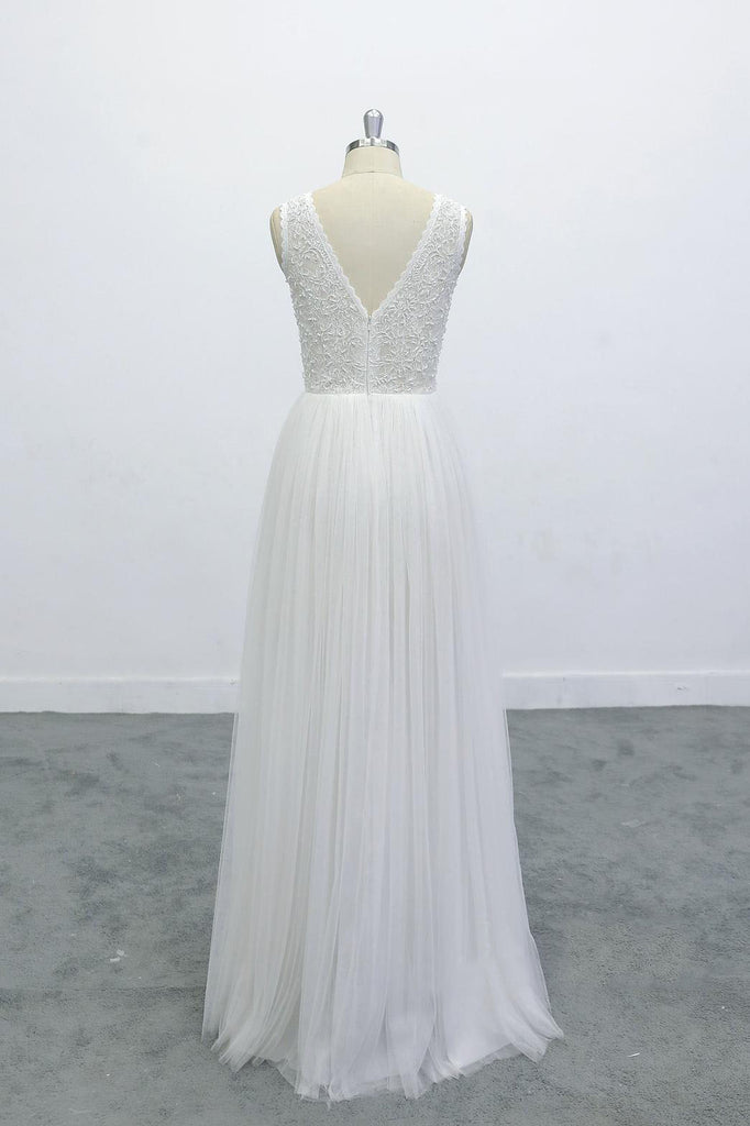 Boho Lace Applique Beading V Neck Backless A-line Skirt Wedding Dress OKU67