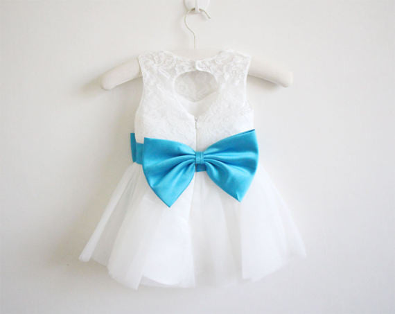 Light Ivory Blue Ribbon Lace Tulle Flower Girl Dresses With Blue Sash/Bows OK209