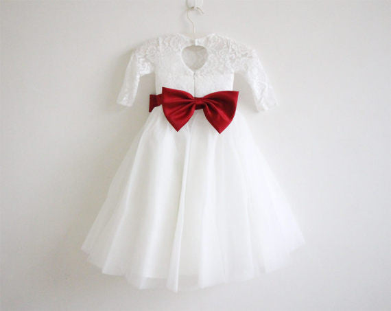 Long Sleeves Ivory Burgundy Sash Bows Lace Tulle Flower Girl Dresses OK211