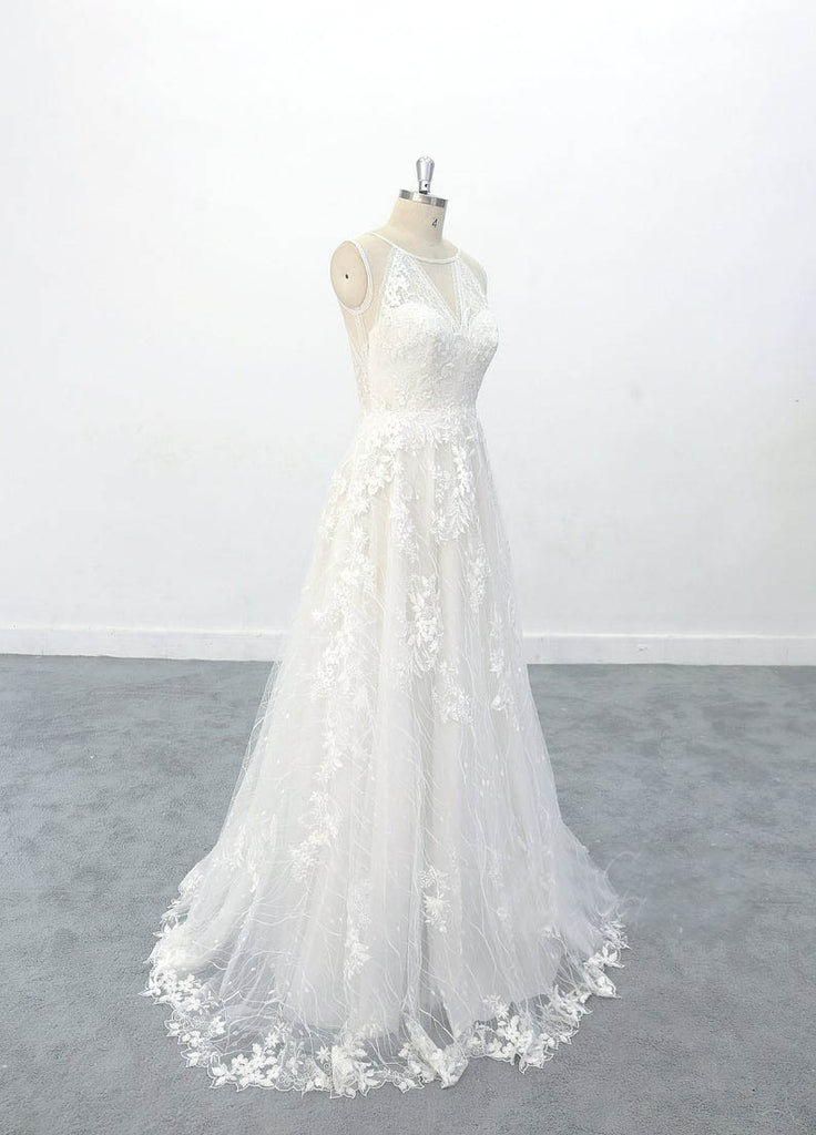 A-line Lace Appliques Tulle Boho Wedding Dresses Beach Wedding Dress OKU94