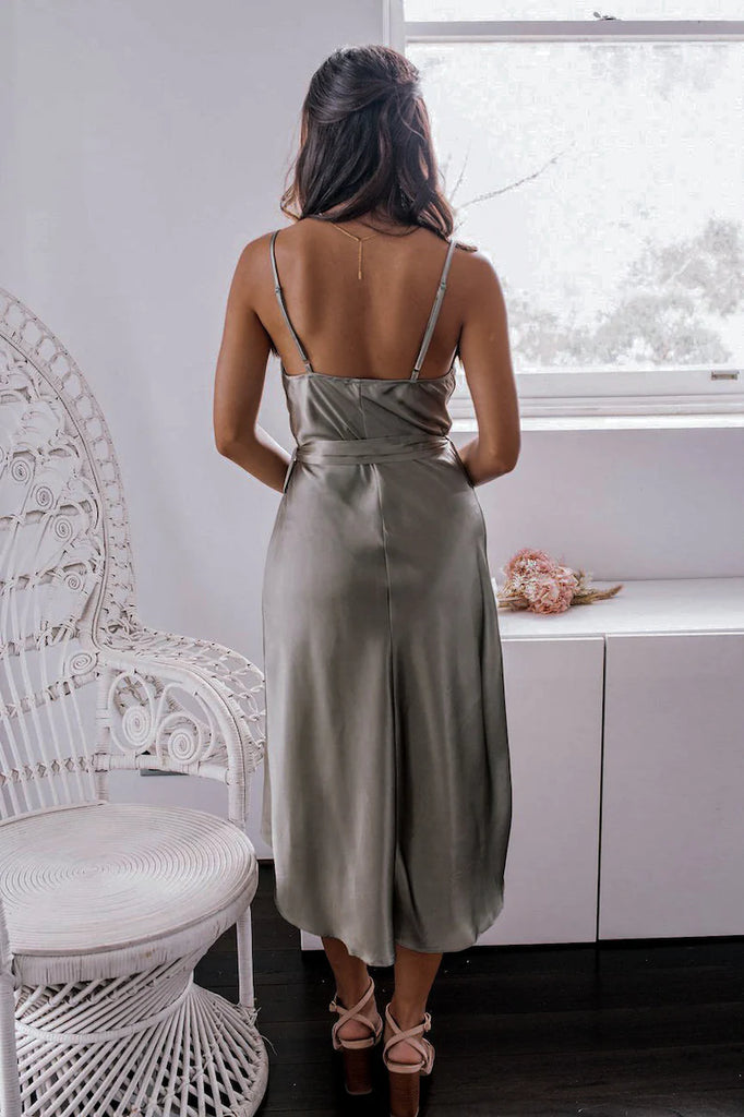 Simple Gray A Line Satin Spaghetti Straps High Low Bridesmaid Dress OK1571