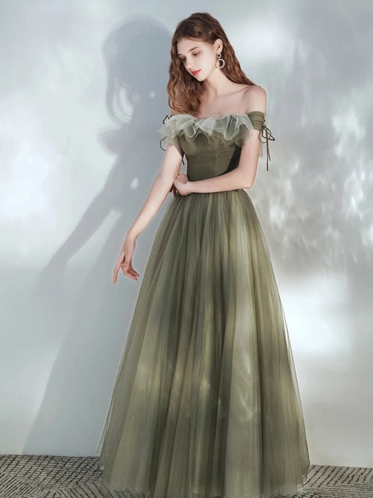 A Line Off the Shoulder Tulle Floor Length Prom Dress Green Elegant Fairy Dress OK1390