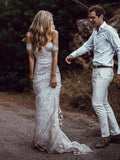 Ivory Lace Sheath Sweetheart Neck Boho Beach Wedding Dress OKF80