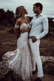 Ivory Lace Sheath Sweetheart Neck Boho Beach Wedding Dress OKF80