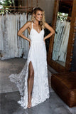 Charming Lace Long A-line Spaghetti Straps Split Ivory Beach Wedding Dresses OK739