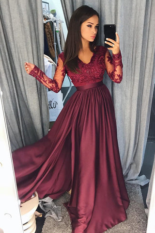 Burgundy Prom Dresses,V-Neck Prom Dress,Long Sleeves Prom Dresses,Lace Top Prom Dress