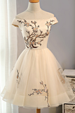 Cap Sleeves Homecoming Dress,Embroidery Homecoming Dresses,Tulle Homecoming Dress,Short Party Dresses,A Line Prom Dresses