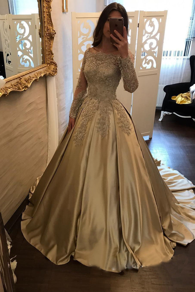 Satin Prom Dress,Ball Gown Prom Dress,Long Sleeve Bridal Gowns,Lace Prom Gown