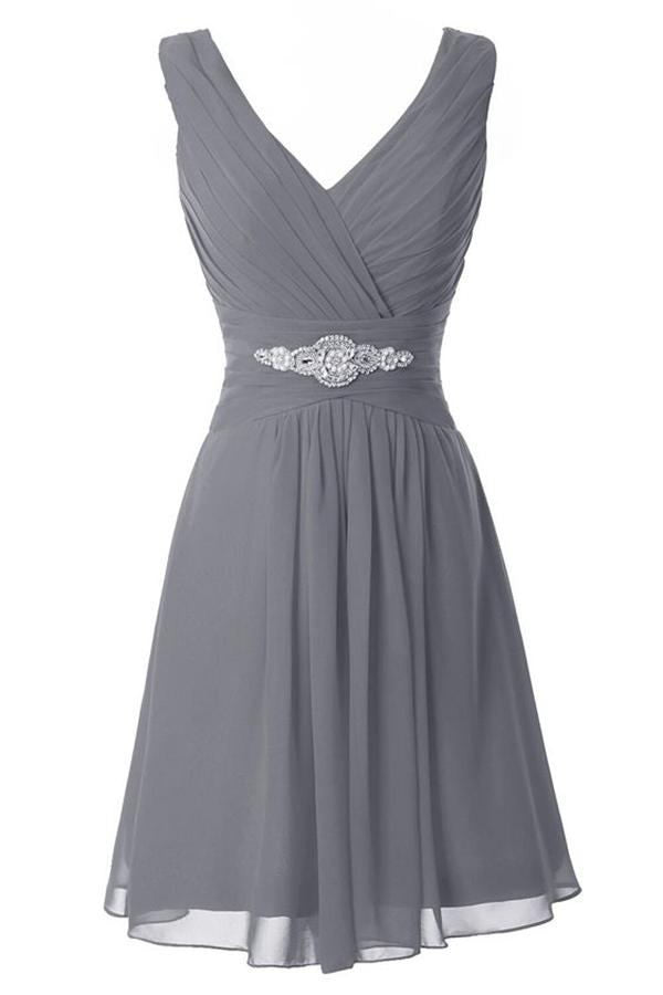 V-neck Simple Grey Chiffon Beading Comfy Homecoming Dress K411