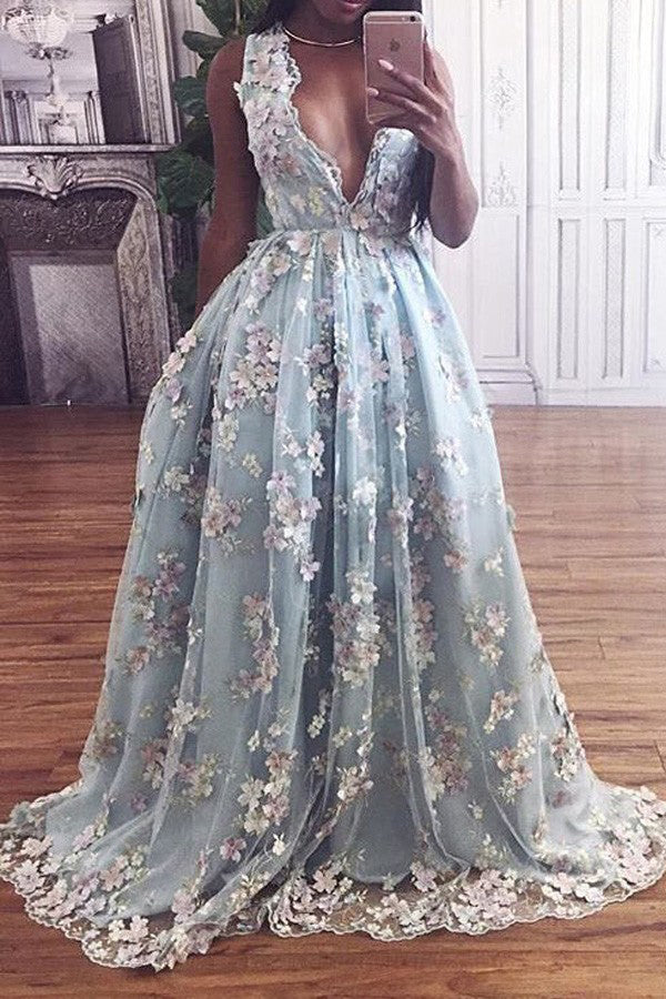 Lace Prom Dresses,Deep V-neck Prom Gown,Sky Blue Prom Dress,Princess Prom Dress