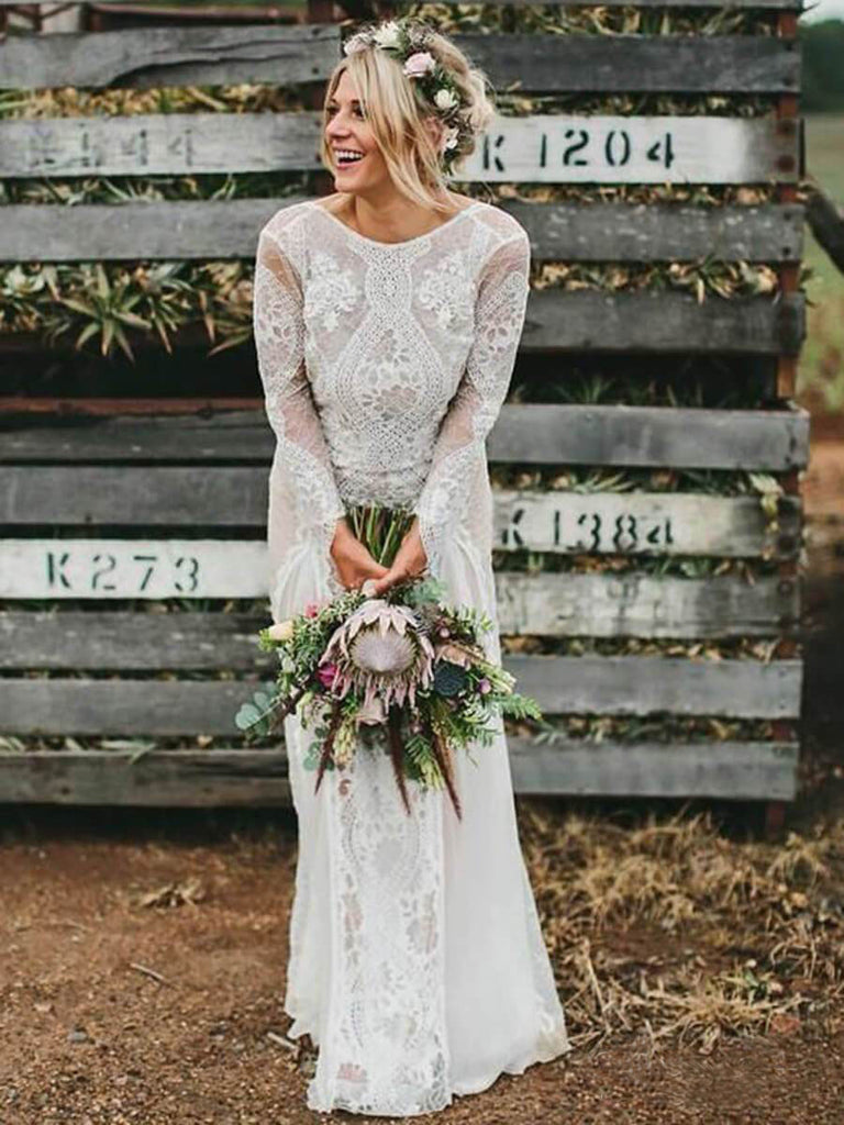 Long Sleeve Ivory Lace See Through Backless Beach Boho Wedding Dress OKF81
