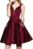 Maroon Short A Line Beading Homecoming Dress with Pocket OKO12