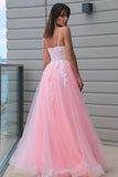 Pink A-line Tulle Spaghetti Straps Prom Dress Long Lace Appliques Formal Evening Dress OKX78
