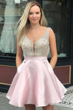 A Line V Neck Sleeveless Homecoming Dresses, Beading Satin Short Prom Dresses OKN41