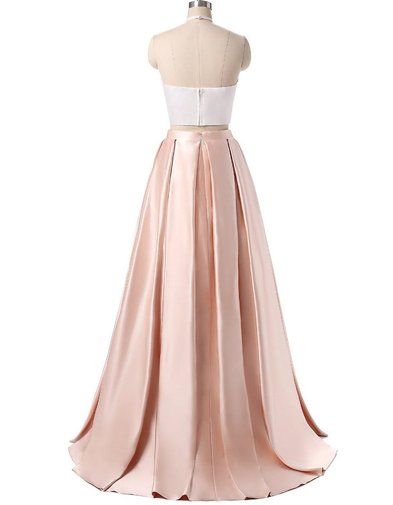 Charming Formal Halter Two Pieces Light Pink Prom Dresses, Simple Satin Prom Gowns OK119