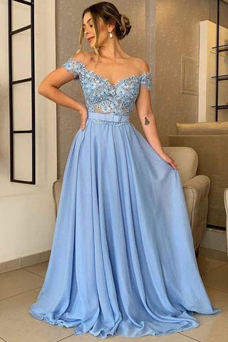 Off the Shoulder A Line Chiffon Blue Long Prom Sresses Appliques Evening Dress OK1330