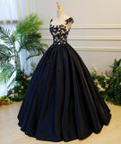 Generous Puffy A-Line Cap Sleeves Lace-up Black Satin Long Prom Dresses with Appliques OK782