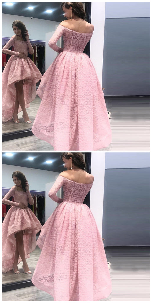 Fashion A-Line Off the Shoulder High Low Long Sleeves Pink Lace Prom Dresses OKF54