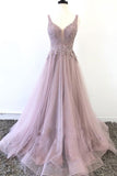 Unique V neck Tulle Lace Appliques Long Prom Dress, A Line Evening Dress OK2029