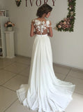 Elegant White Chiffon Wedding Dress with Appliques, Sweep Train A Line Wedding Dress