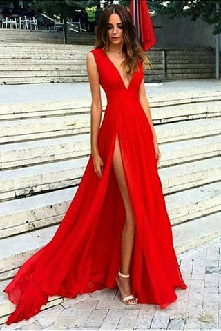 Sexy Evening Dress,V-neck Prom Dresses, Red Evening Gowns,Split Prom Dresses,Slit Sexy Party Dresses,. Red Prom Dress,Prom Dress