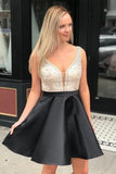 A Line V Neck Sleeveless Homecoming Dresses, Beading Satin Short Prom Dresses OKN41