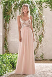 Rose Gold A Line Spaghetti Straps Prom Gowns Backless Sequins Chiffon Bridesmaid Dress OKI10