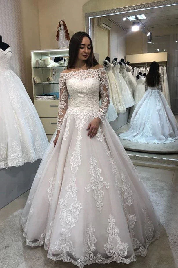 Gorgeous Lace Applique Wedding Dress Boat Neck Long Sleeve Chapel Train A-line Bridal Dress OKW24