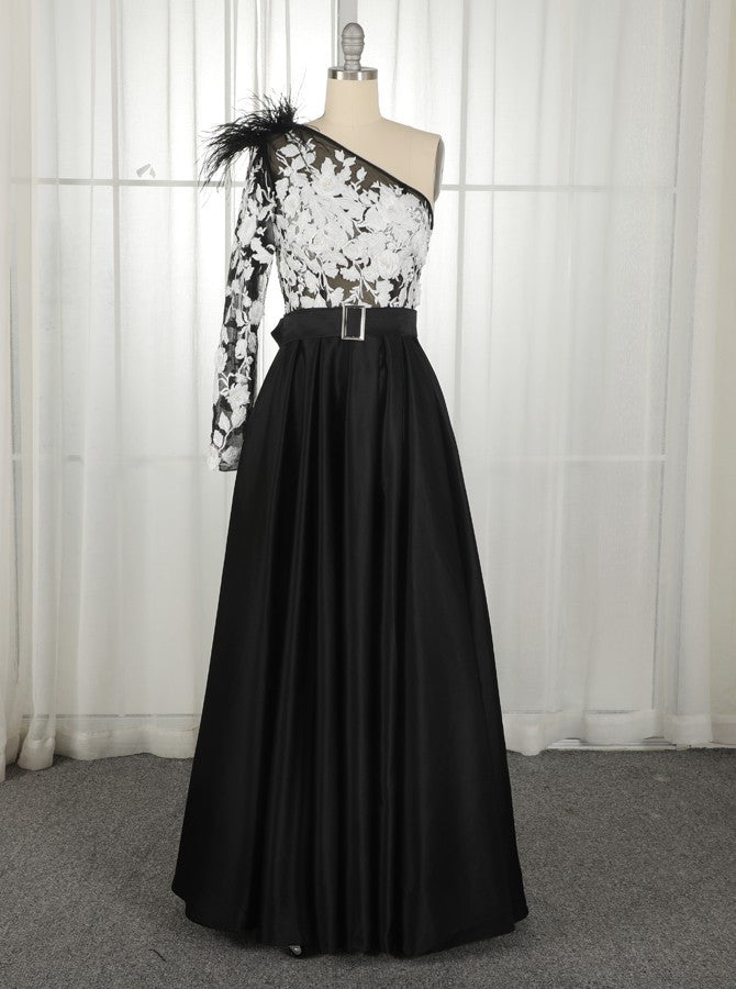 A-Line One-Shoulder Black Long Lace Appliqued Split Prom Dresses with Pockets OKJ11
