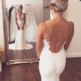 Sexy Mermaid Lace Sheer Back Long Ivory Beach/Coast Wedding Dresses OK268