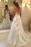 Elegant A line V-neck Tulle Floor Length Wedding Dresses With Lace Appliques OKC94