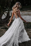 Deep V Neck A-line Lace Wedding Dress With Slit Spaghetti Straps Long Bridal Gowns OKX85