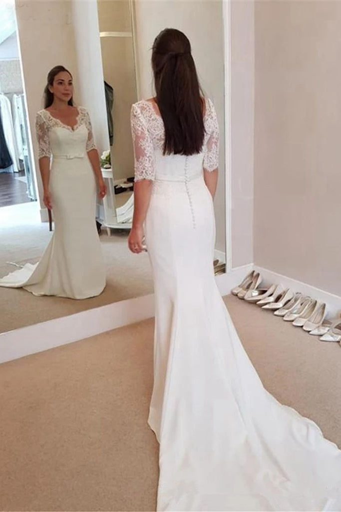 Mermaid V-Neck Half Sleeve Elegant Wedding Dress Vintage Lace Spandex Bridal Dress OKW26