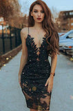 Sheath Spaghetti Straps Black Beads Short Prom Dress with Lace OKE10