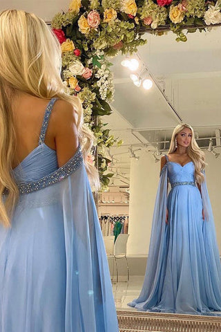 Sky Blue A Line Chiffon Long Prom Dress Beading Evening Dress OK1254