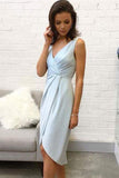 Elegant V Neck Sleeveless Light Blue Short Homecoming Dress,Cocktail Dresses OKC43