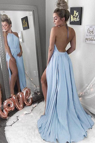 Halter Prom Dress,Blue Prom Dresses,Backless Prom Dress,Sexy Evening Dress with Split,Chiffon Prom Dresses