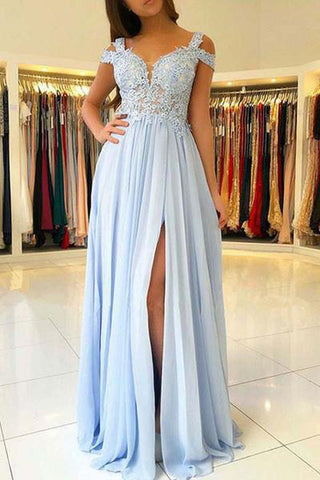 Light Blue Prom Dresses,Chiffon Prom Gown,Split Prom Dress,Appliques Prom Dress