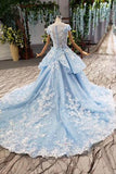 Princess Light Sky Blue Prom Dresses with Flowers, Ball Gown Quinceanera Dress OKP50