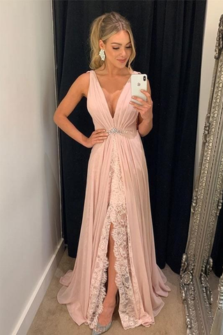 V Neck A Line Pink Chifon Long Front Split Prom Dress Formal Evening Dress OK1277