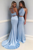 Fashion Prom Dress,Light Blue Prom Dress,High Neck Evening Gowns,,Beading Evening   Dresses,Long Prom Dress,Two Piece Evening Dress,Mermaid Prom Dress